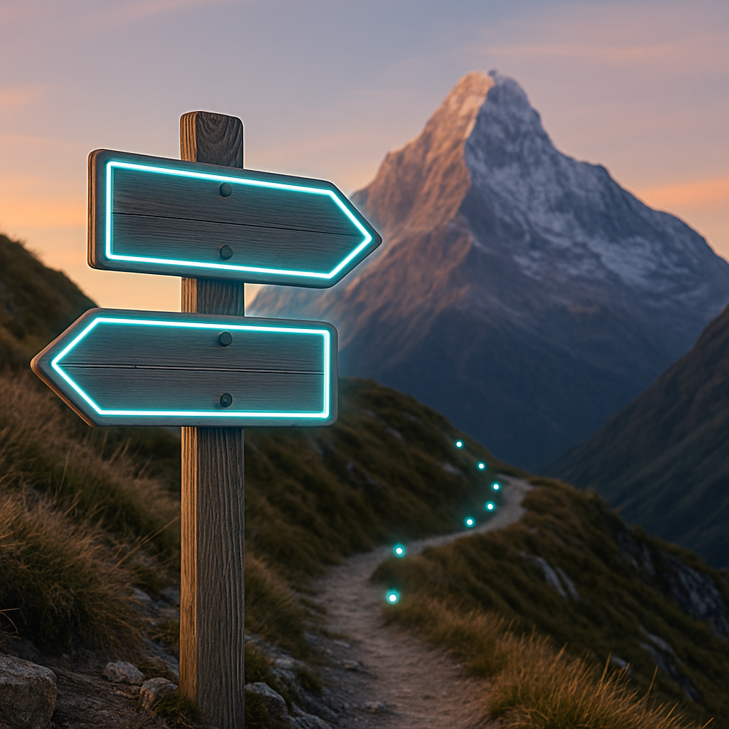 Glowing Signpost on Mountain Trail