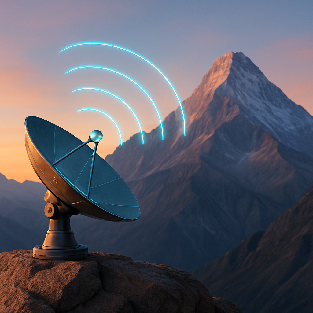 Satellite Dish at Sunset Over Mountains