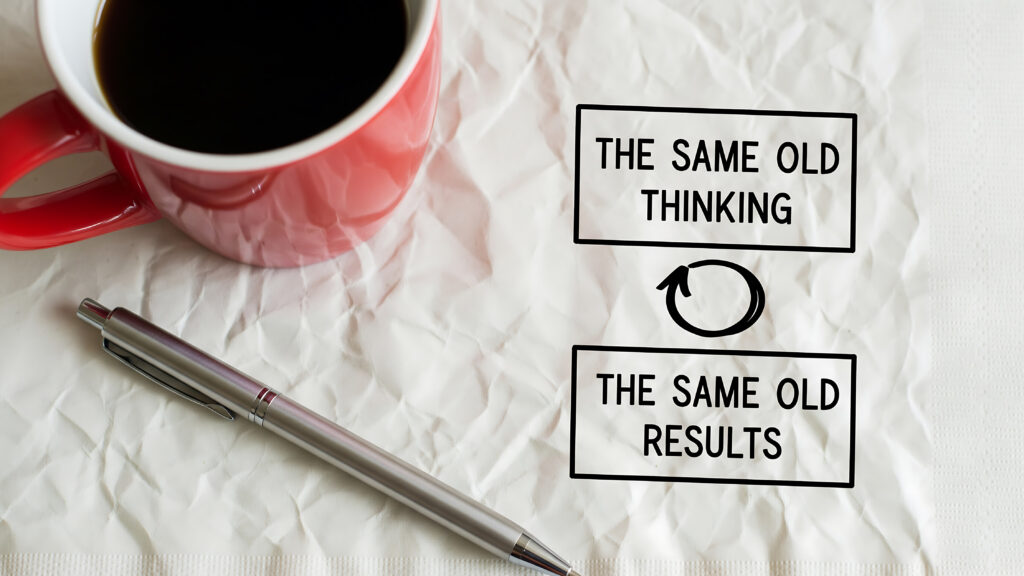 same old results concept. concept of same old thinking leading to same old results handwritten on crumpled paper with coffee and pen